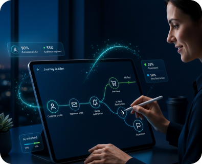 Marketer building an AI-assisted customer journey map on a tablet.